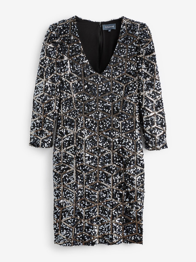 Sosandar Black Geometric Print Embellished Dress - Image 6 of 6