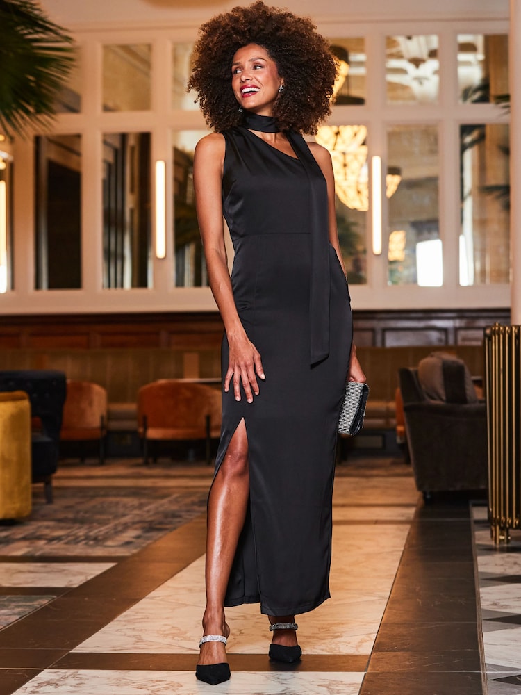 Sosandar Black One Shoulder Tie Neck Satin Midi Dress - Image 1 of 4