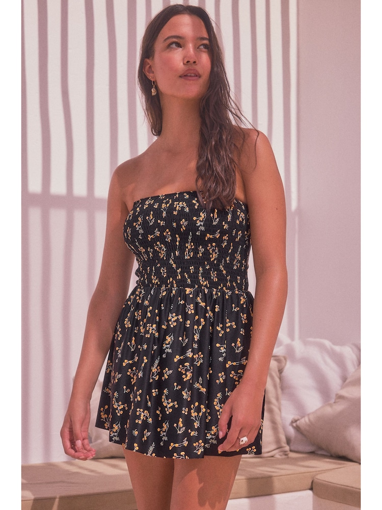 Black Ditsy Floral Shaping Shirred Bandeau Skirted Swimdress - Image 1 of 1