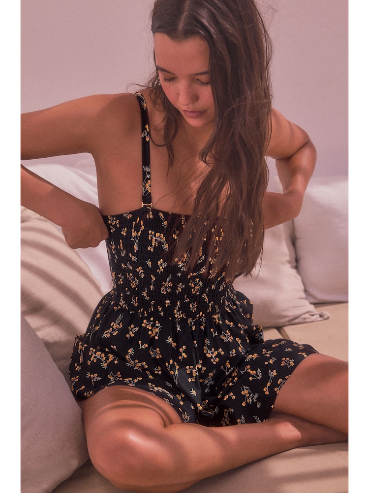 Black Ditsy Floral Shaping Shirred Bandeau Skirted Swimdress - Image 2 of 7