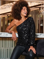Sosandar Black Sequin Asymmetrical One Shoulder Top - Image 1 of 5