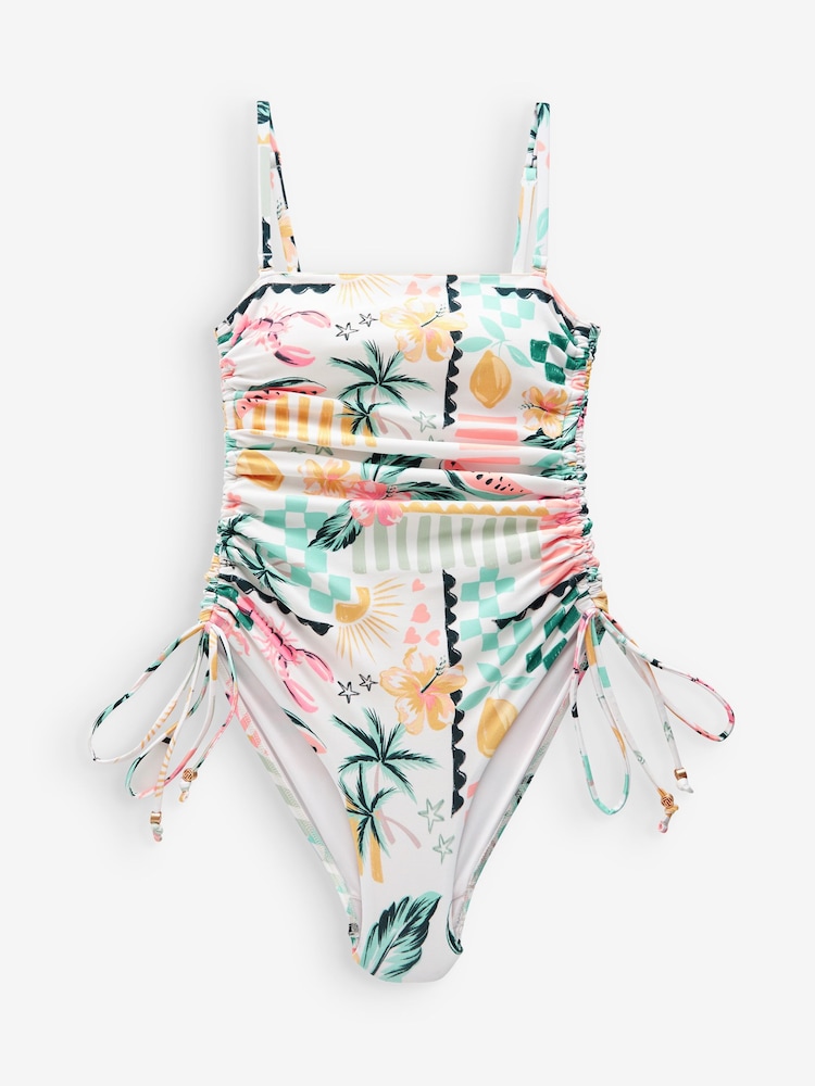 Ecru/Fruchtprint - Bauchformender Bandeau-Badeanzug mit Raffungen - Bild 5 von 5