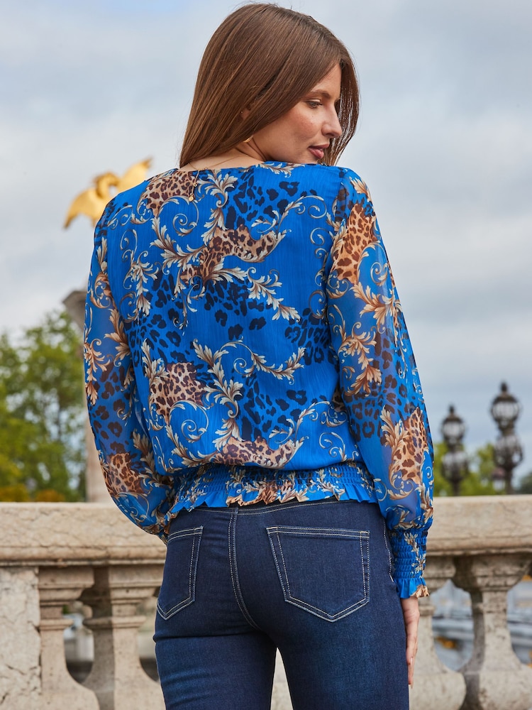 Sosandar Blue Multi Print Shirred Hem Wrap Blouse - Image 2 of 5