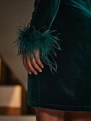 Sosandar Green Velvet Feather Cuff Wrap Pencil Dress - Image 5 of 5