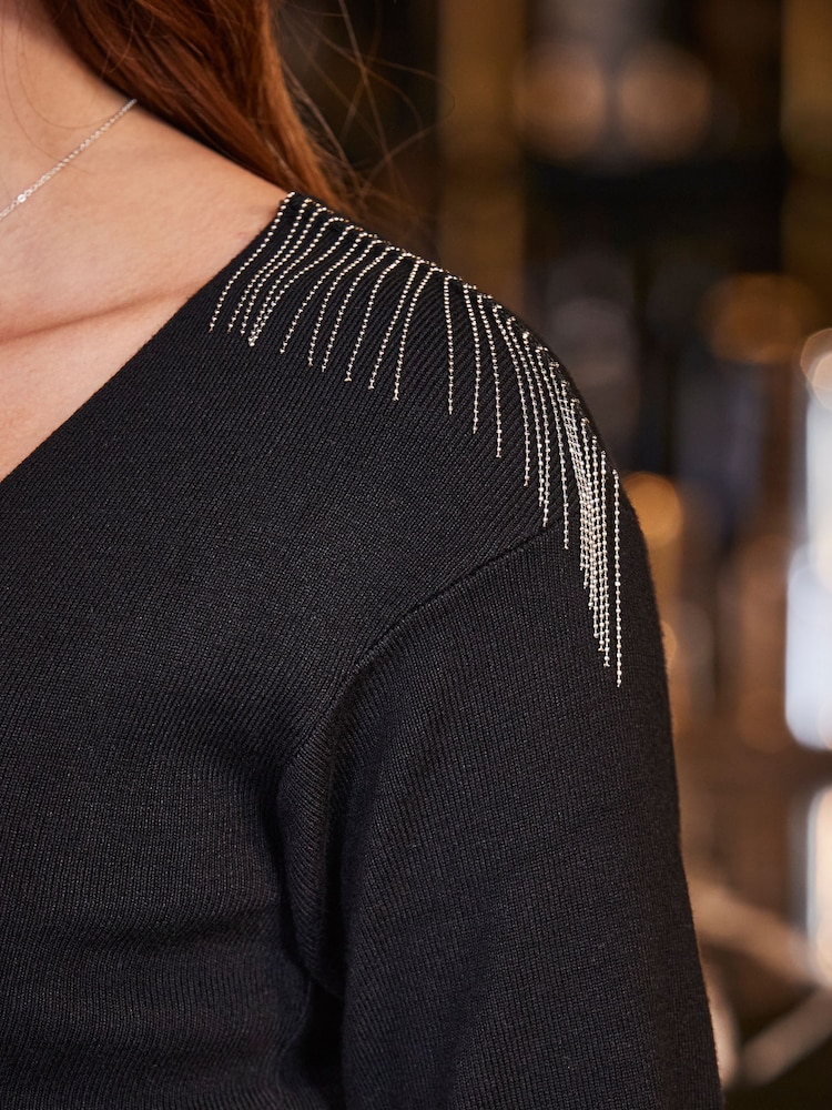 Sosandar Black Fringe Detail Jumper - Image 5 of 5
