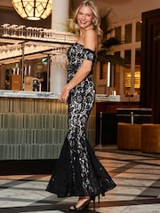 Sosandar Black Premium Lace Bardot Fit And Flare Maxi Dress - Image 3 of 5