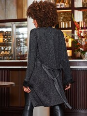 Sosandar Black Longline Belted Cardigan With Feather Cuff - Image 2 of 5