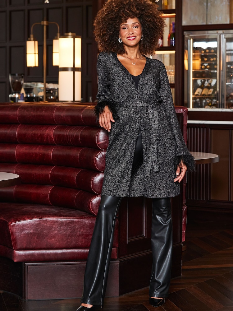 Sosandar Black Longline Belted Cardigan With Feather Cuff - Image 5 of 5