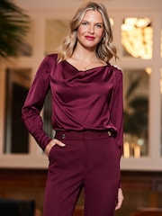 Sosandar Burgundy Red Satin Cowl Neck Top - Image 4 of 5