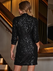 Sosandar Black Sequin Ruched Sleeve Blazer Dress - Image 2 of 4