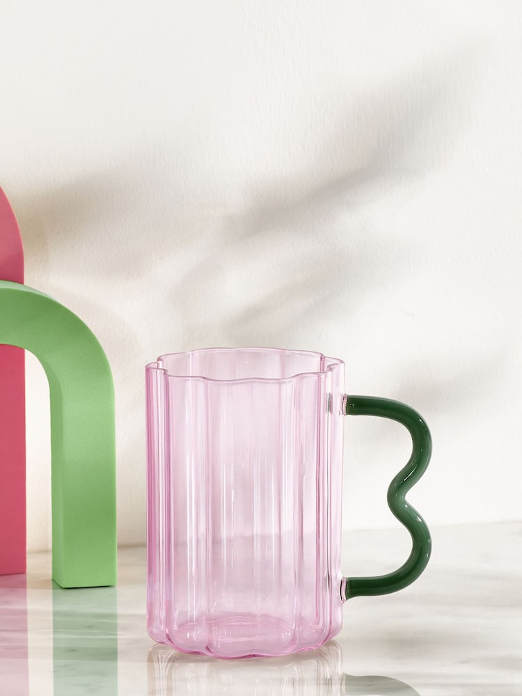 Pink Glass Wiggle Handle Mug - Image 1 of 3 Pink Glass Wiggle Handle Mug - Image 1 of 3