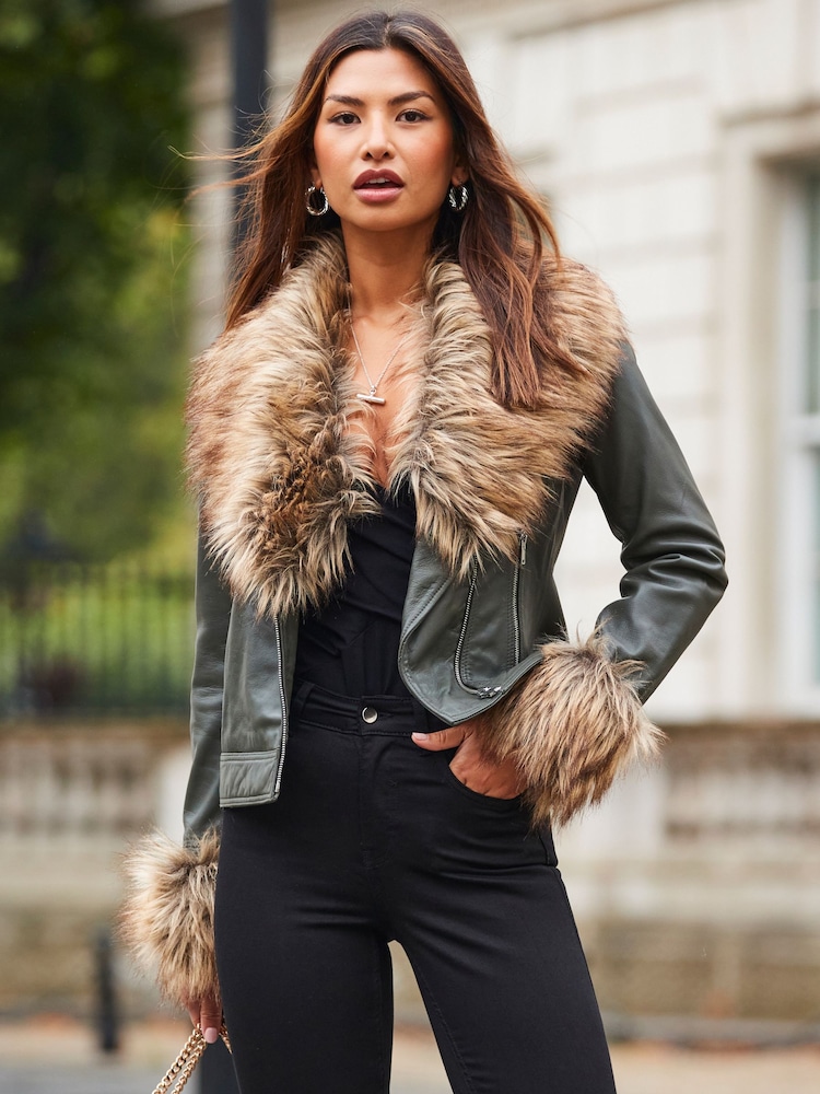 Sosandar Green Leather Biker Jacket With Faux Fur Trim - Image 1 of 4