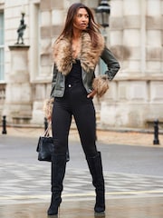 Sosandar Green Leather Biker Jacket With Faux Fur Trim - Image 4 of 4