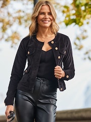 Sosandar Black Velvet Round Neck Pocket Front Denim Jacket - Image 1 of 5