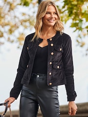 Sosandar Black Velvet Round Neck Pocket Front Denim Jacket - Image 5 of 5