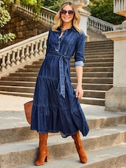 Sosandar Blue Indigo Tiered Hem Denim Midi Dress - Image 1 of 5