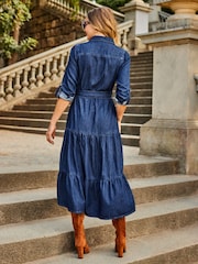 Sosandar Blue Indigo Tiered Hem Denim Midi Dress - Image 2 of 5