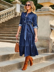 Sosandar Blue Indigo Tiered Hem Denim Midi Dress - Image 3 of 5