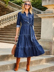 Sosandar Blue Indigo Tiered Hem Denim Midi Dress - Image 4 of 5