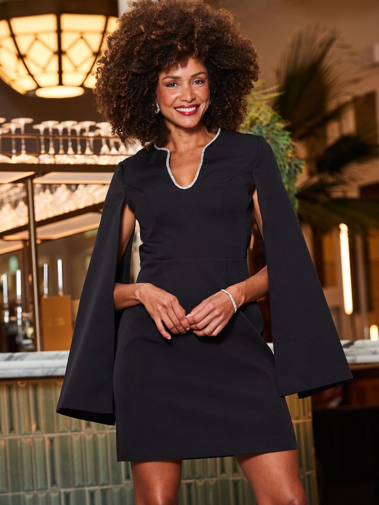 Sosandar Black Cape Sleeve Shift Dress With Diamante Trim - Image 1 of 6