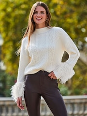 Sosandar Cream Cable Roll Neck Faux Fur Cuff Jumper - Image 1 of 5