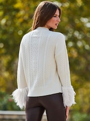 Sosandar Cream Cable Roll Neck Faux Fur Cuff Jumper - Image 2 of 5