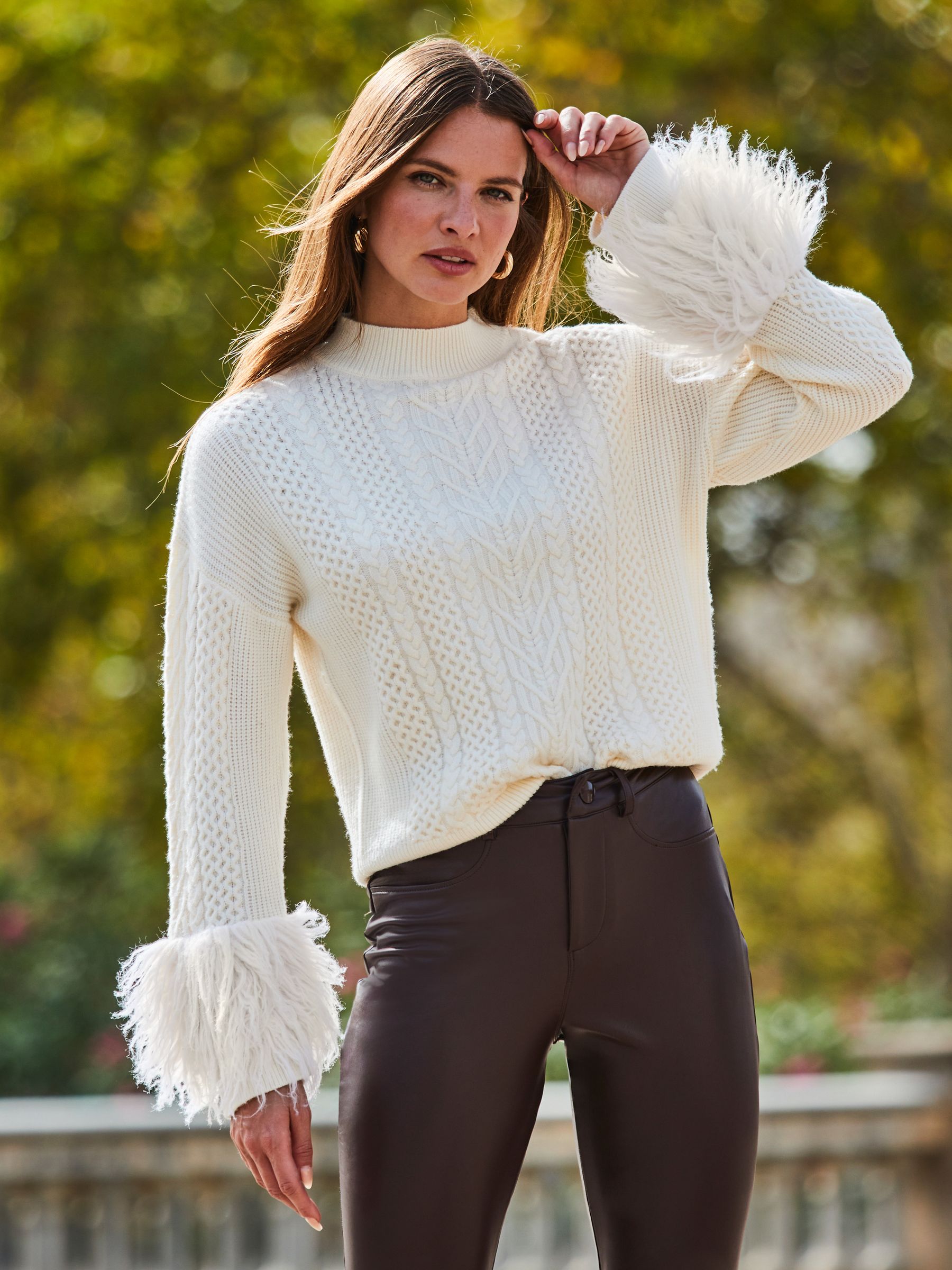 Buy Sosandar Cream Cable Roll Neck Faux Fur Cuff Jumper from Next Luxembourg