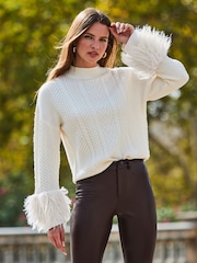 Sosandar Cream Cable Roll Neck Faux Fur Cuff Jumper - Image 3 of 5
