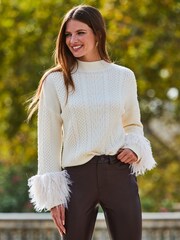 Sosandar Cream Cable Roll Neck Faux Fur Cuff Jumper - Image 4 of 5