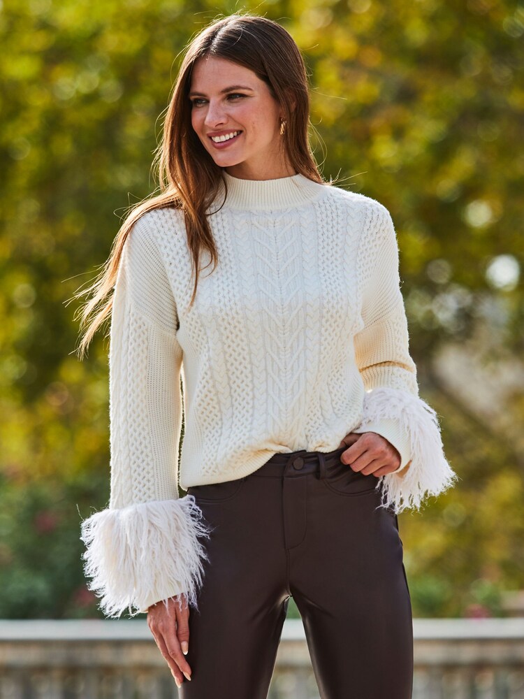 Sosandar Cream Cable Roll Neck Faux Fur Cuff Jumper - Image 4 of 5