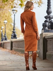 Sosandar Natural Ruched Front Faux Suede Midi Shirt Dress - Image 2 of 5