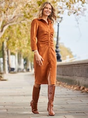 Sosandar Natural Ruched Front Faux Suede Midi Shirt Dress - Image 4 of 5