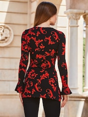 Top de punto con puño acampanado y detalle de abertura con estampado barroco de Sosandar - Imagen 2 de 4