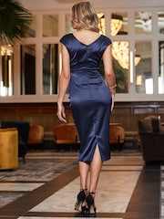 Sosandar Blue Satin Ruched Side Dress - Image 2 of 5