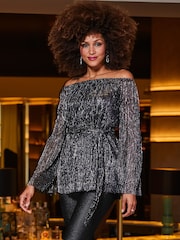 Sosandar Grey Plisse Bardot Belted Top - Image 4 of 5