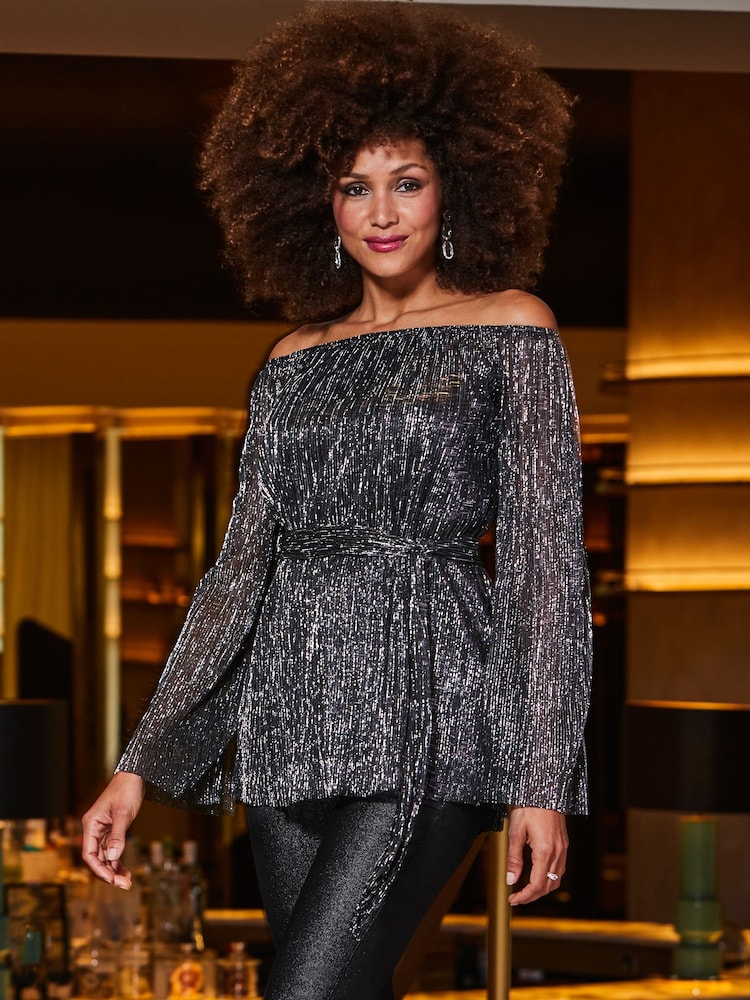 Sosandar Grey Plisse Bardot Belted Top - Image 4 of 5