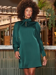 Sosandar Green Satin Twist Neck Detail Shift Dress - Image 1 of 5