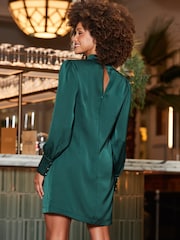 Sosandar Green Satin Twist Neck Detail Shift Dress - Image 2 of 5