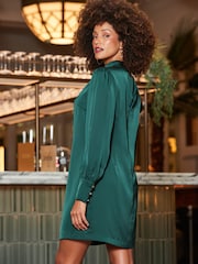 Sosandar Green Satin Twist Neck Detail Shift Dress - Image 3 of 5