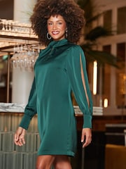 Sosandar Green Satin Twist Neck Detail Shift Dress - Image 4 of 5