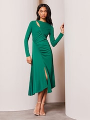 Lipsy Forest Green Long Sleeve Cutout Ruched Asymmetrical Midi Dress - Image 1 of 4