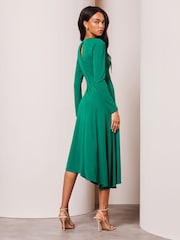 Lipsy Forest Green Long Sleeve Cutout Ruched Asymmetrical Midi Dress - Image 2 of 4