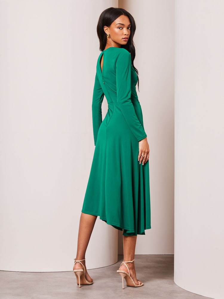 Lipsy Forest Green Long Sleeve Cutout Ruched Asymmetrical Midi Dress - Image 2 of 4