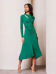 Lipsy Forest Green Long Sleeve Cutout Ruched Asymmetrical Midi Dress - Image 3 of 4