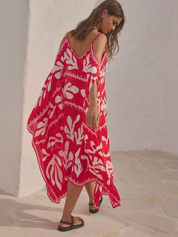Red/Ecru Print Cold Shoulder Cover-Up - Image 4 of 8