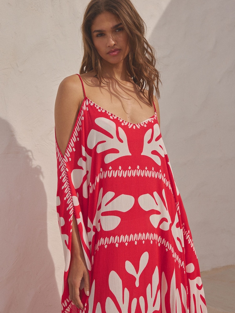 Red/Ecru Print Cold Shoulder Cover-Up - Image 5 of 8