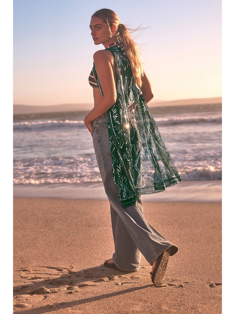 Khaki Green Longline Sequin Waistcoat Cover-Up - Image 1 of 5 Khaki Green Longline Sequin Waistcoat Cover-Up - Image 1 of 5