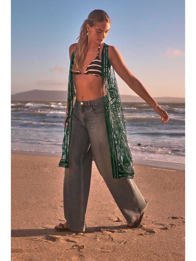 Зеленый хаки - Longline Sequin Waistcoat Cover-Up - Изображение 2 из 5