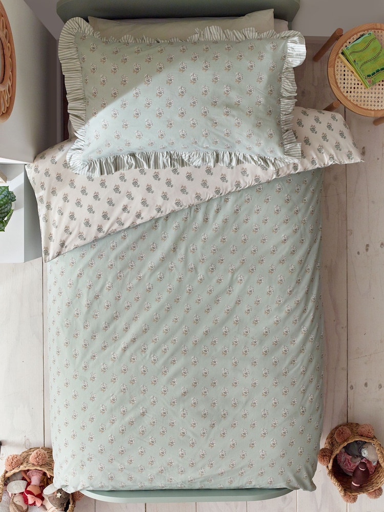 Sage Green Block Floral Printed Polycotton Duvet Cover and Pillowcase Bedding - Image 1 of 7
