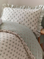 Sage Green Block Floral Printed Polycotton Duvet Cover and Pillowcase Bedding - Image 4 of 7